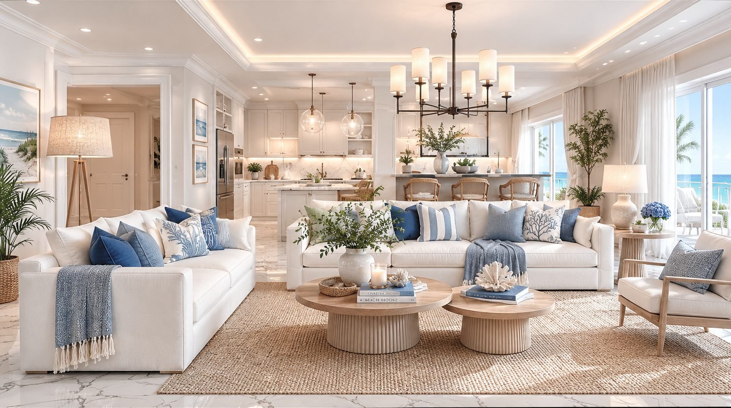 Coastal great room in white and blue with two facing sofas and an ocean view