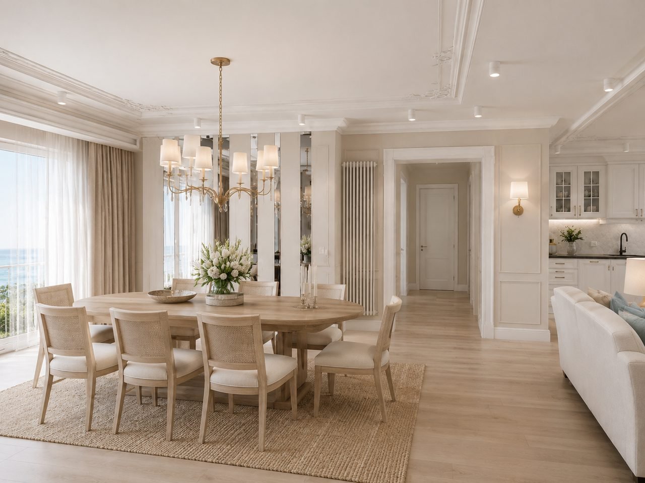 Coastal dining room with a light oak pedestal table and brass chandelier