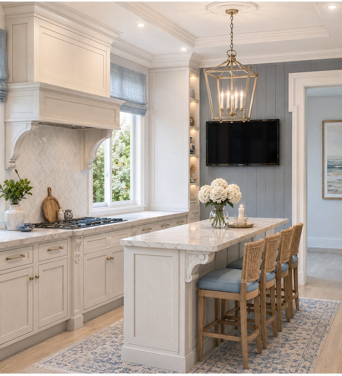 Photoreal render of a finished coastal kitchen with a lantern pendant and marble island