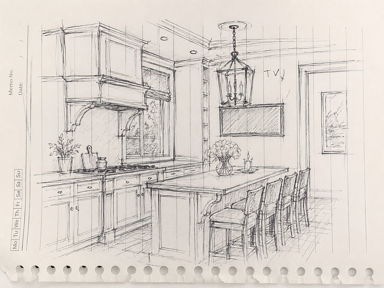 Hand pencil sketch of the same kitchen concept