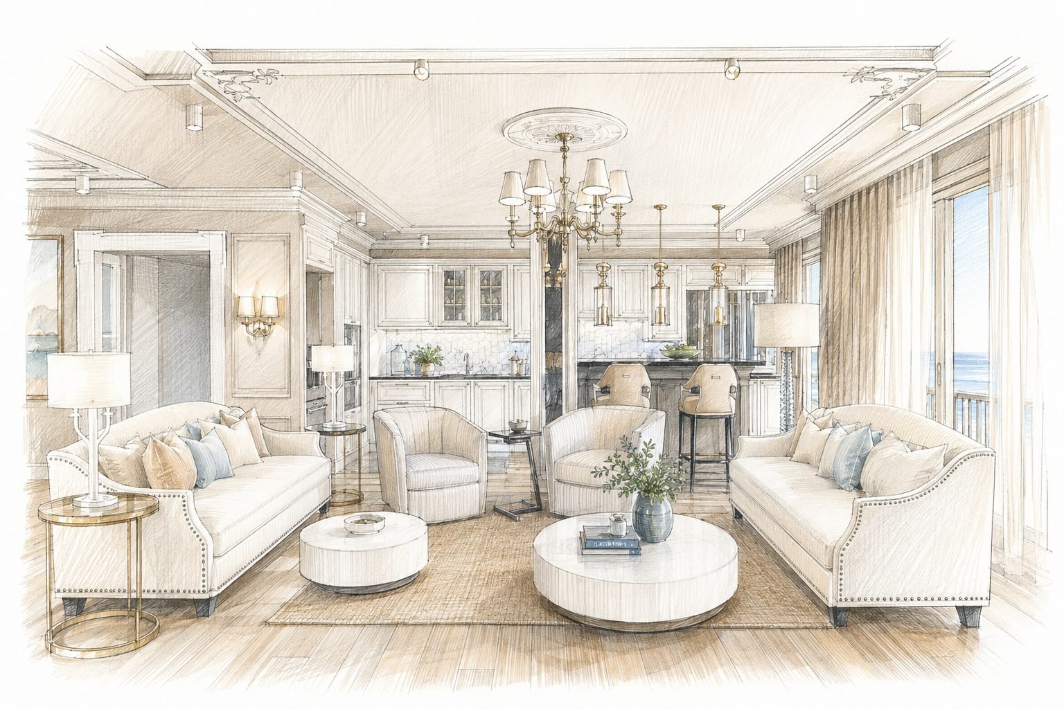Hand sketch of the same coastal living room concept