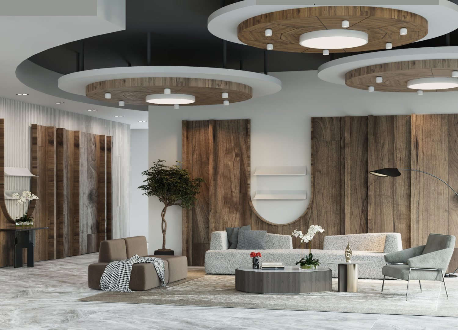 Amenity lounge with circular wood ceiling rafts, boucle seating and an olive tree