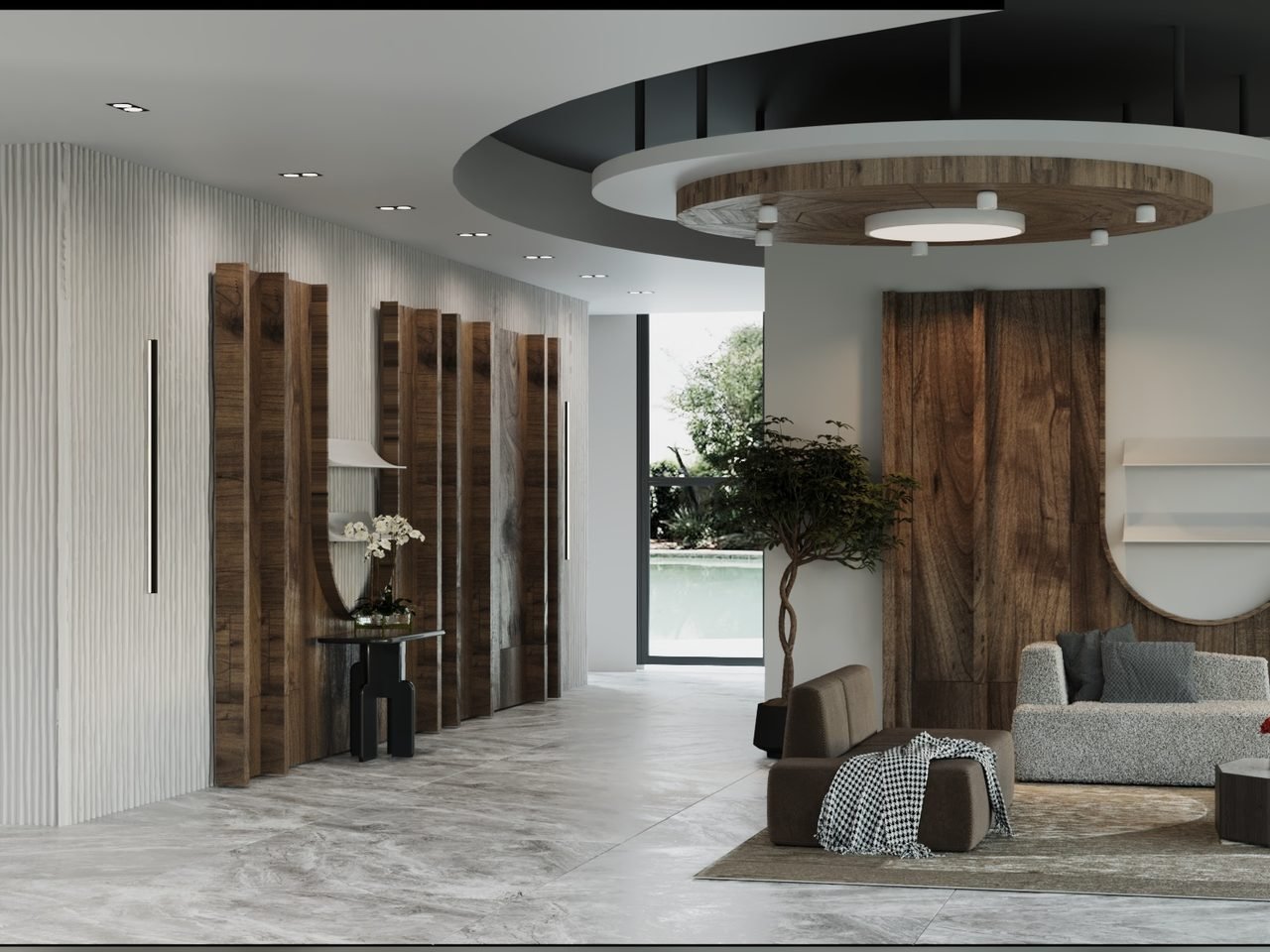 Foyer with fluted plaster panels and a staggered walnut feature wall by a pool