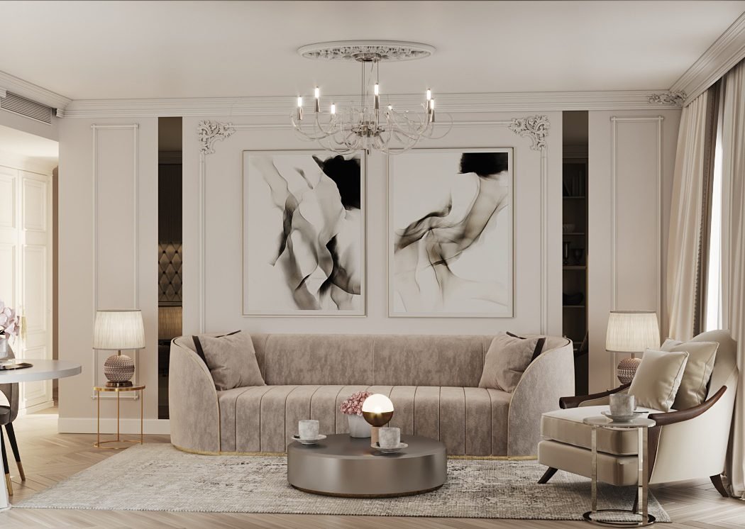 Parisian-style salon with boiserie panelling, channel-tufted velvet sofa and brass
