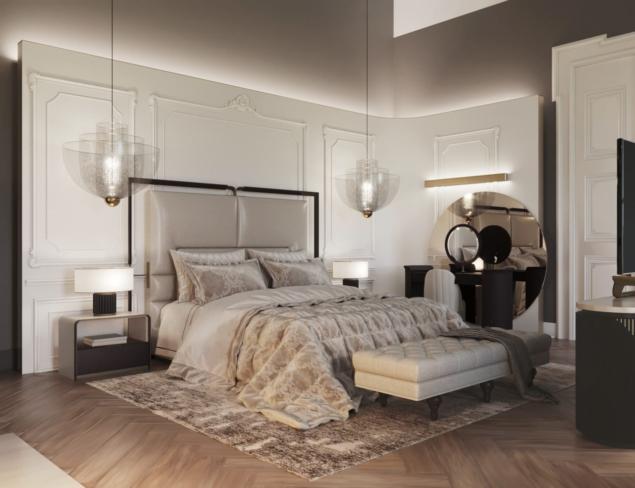 Glamorous bedroom with paneled headboard and herringbone floor
