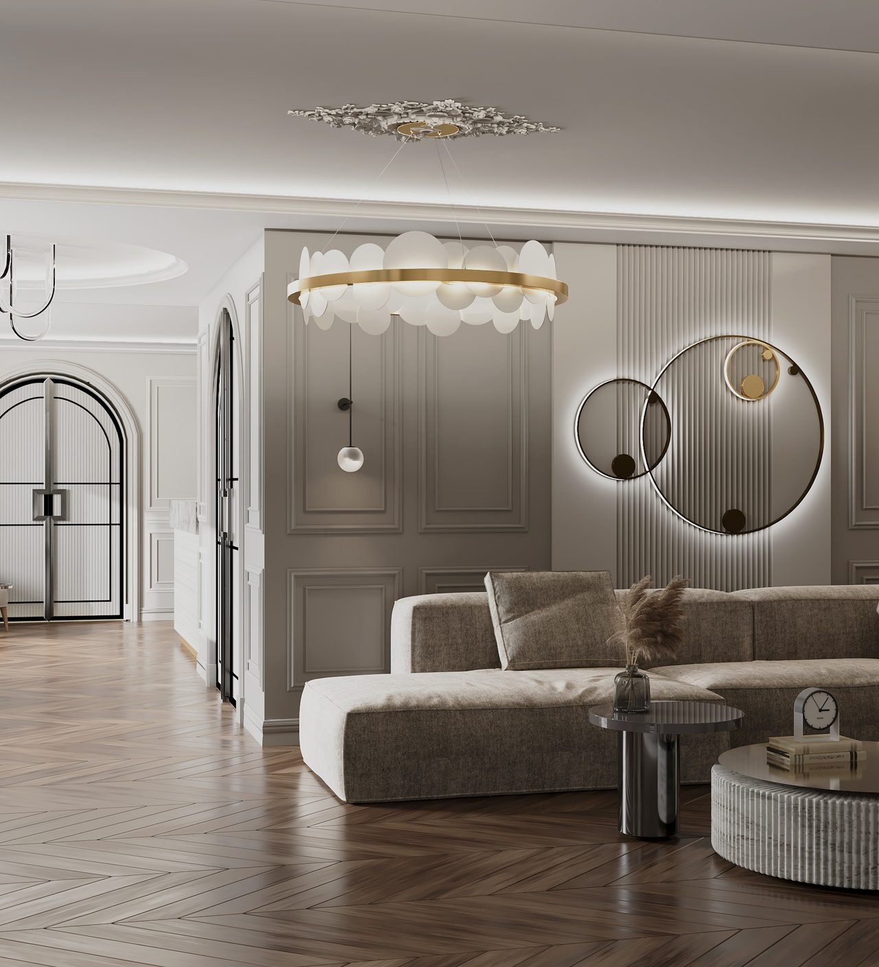 Living room with arched steel-and-glass doors and a brass ring chandelier