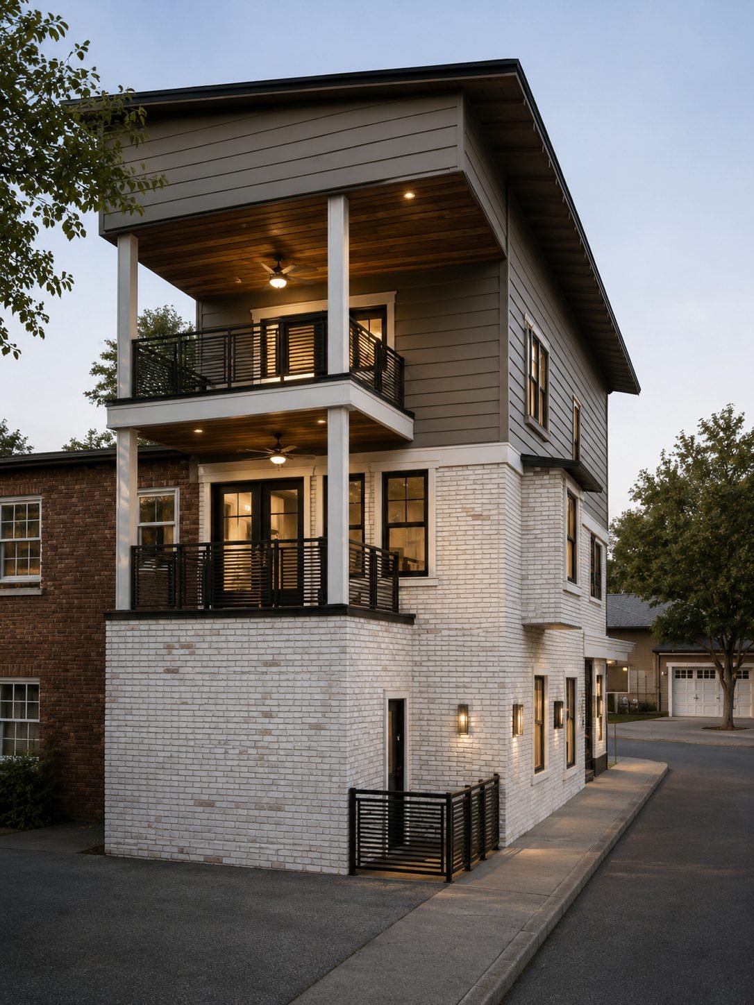 Completed coastal-contemporary building exterior at dusk
