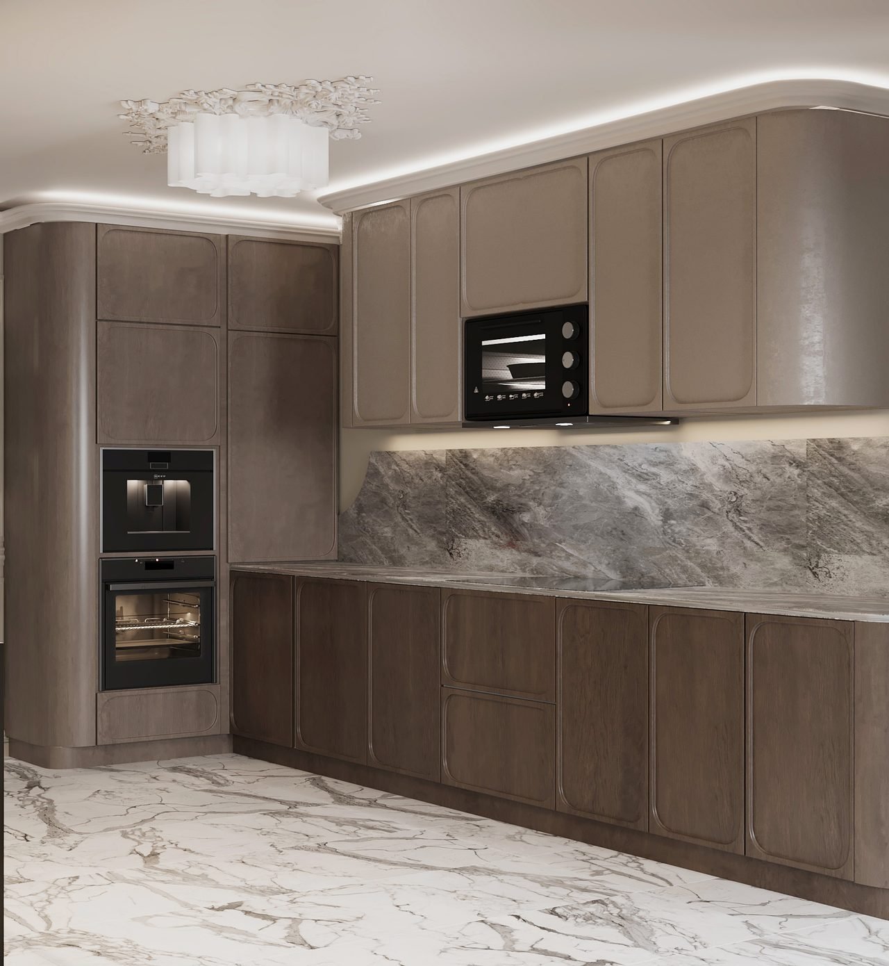 Warm kitchen with curved-profile cabinetry and marble backsplash