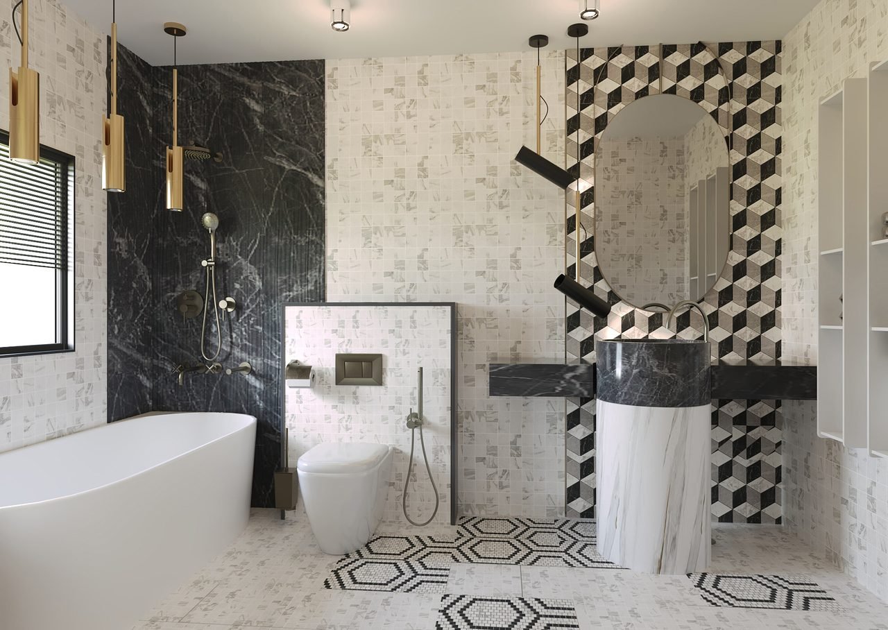 Primary bathroom with freestanding tub and graphic marble tile