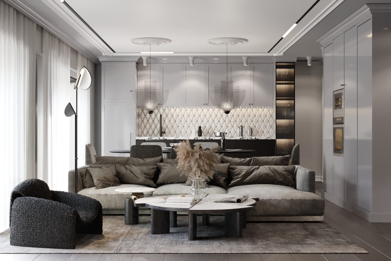 Greige open-plan living room with sculptural mesh pendants and marble backsplash