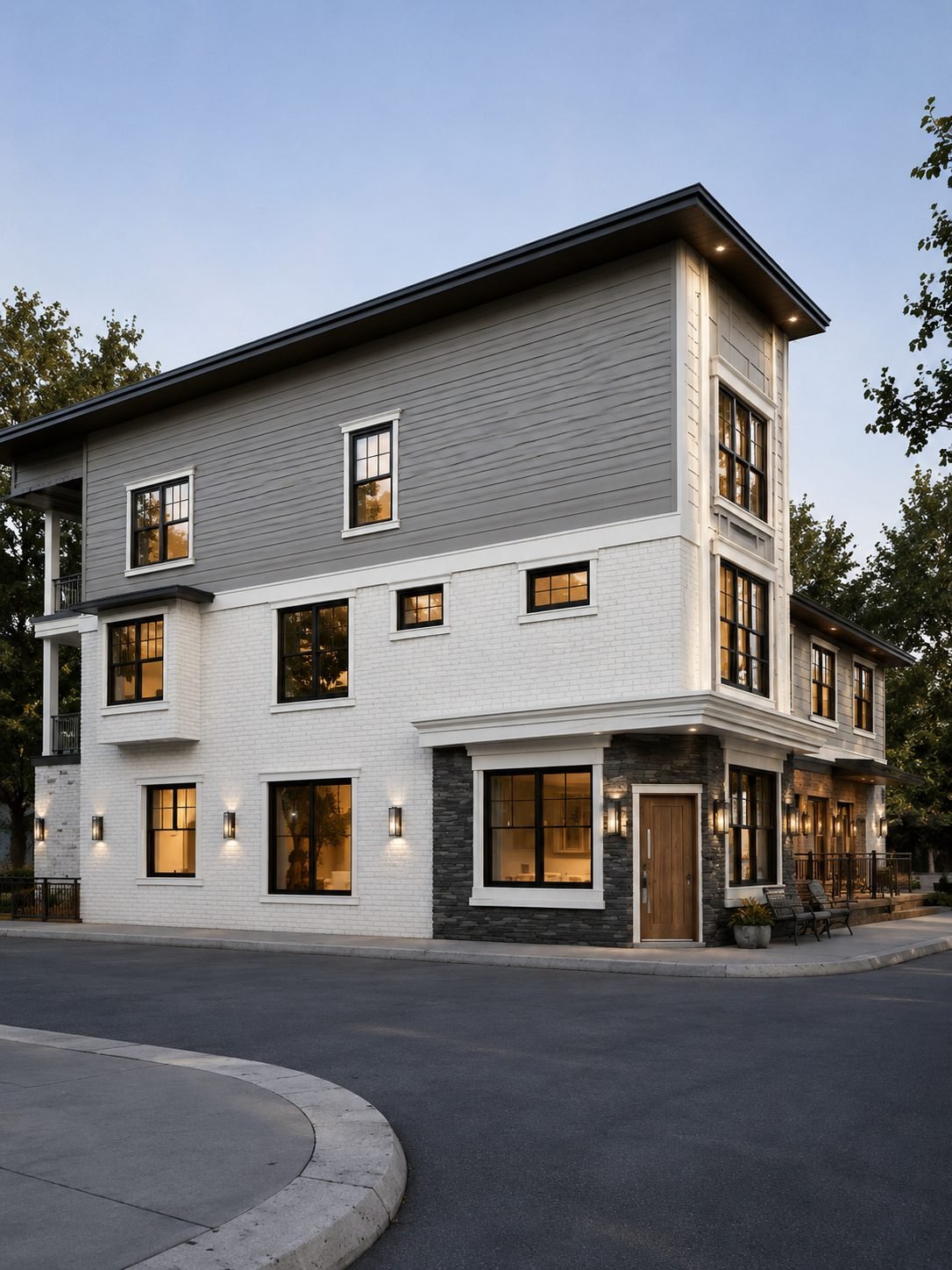 Coastal contemporary building exterior at dusk