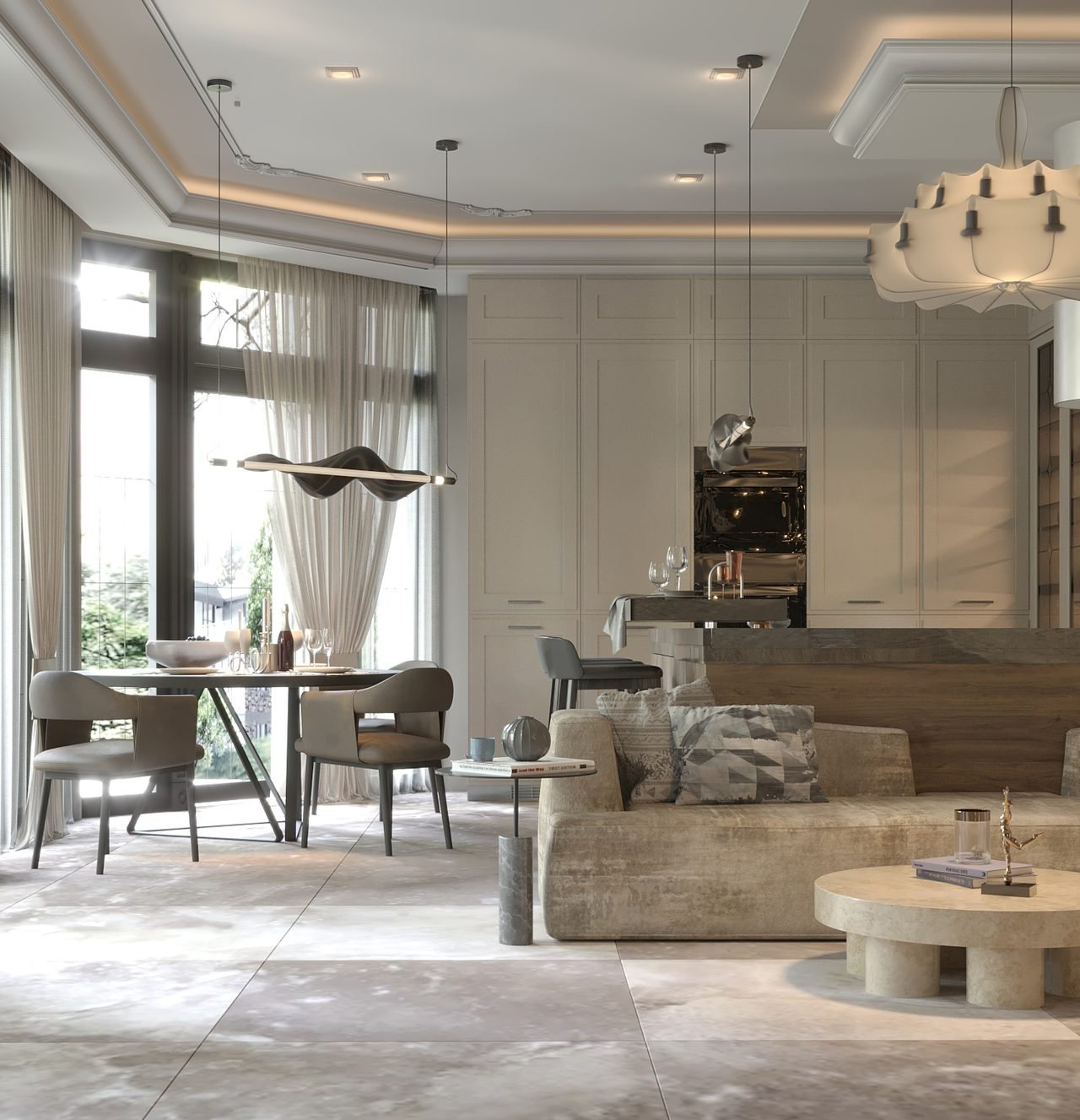 Warm open-plan living and kitchen