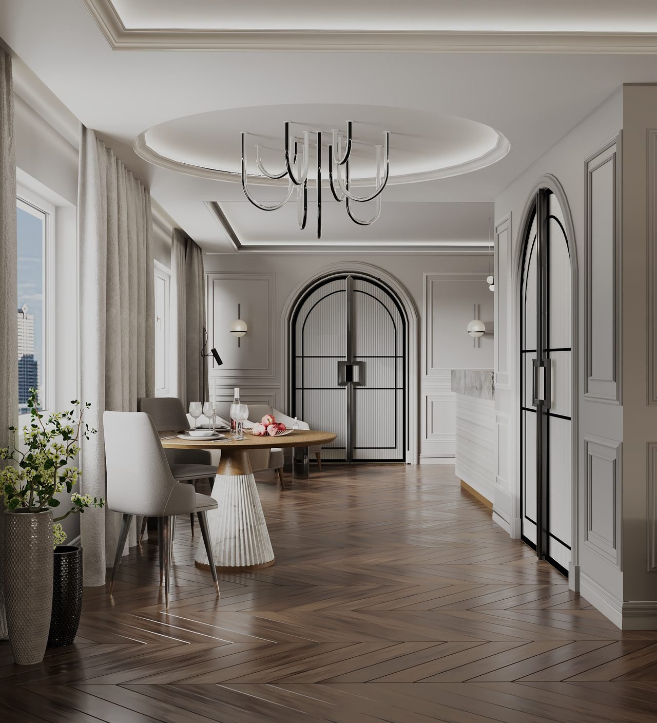 Elegant dining room with arched glass doors