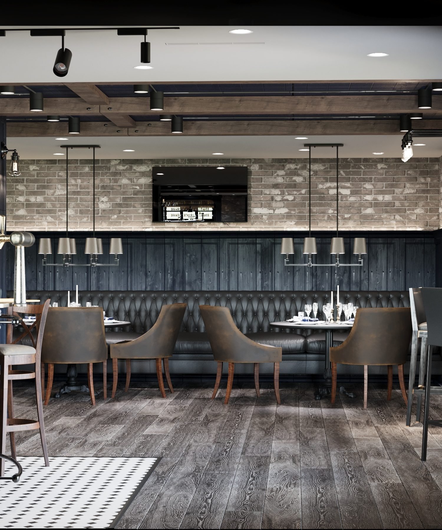 Restaurant dining room with a tufted leather banquette, brick and warm timber beams