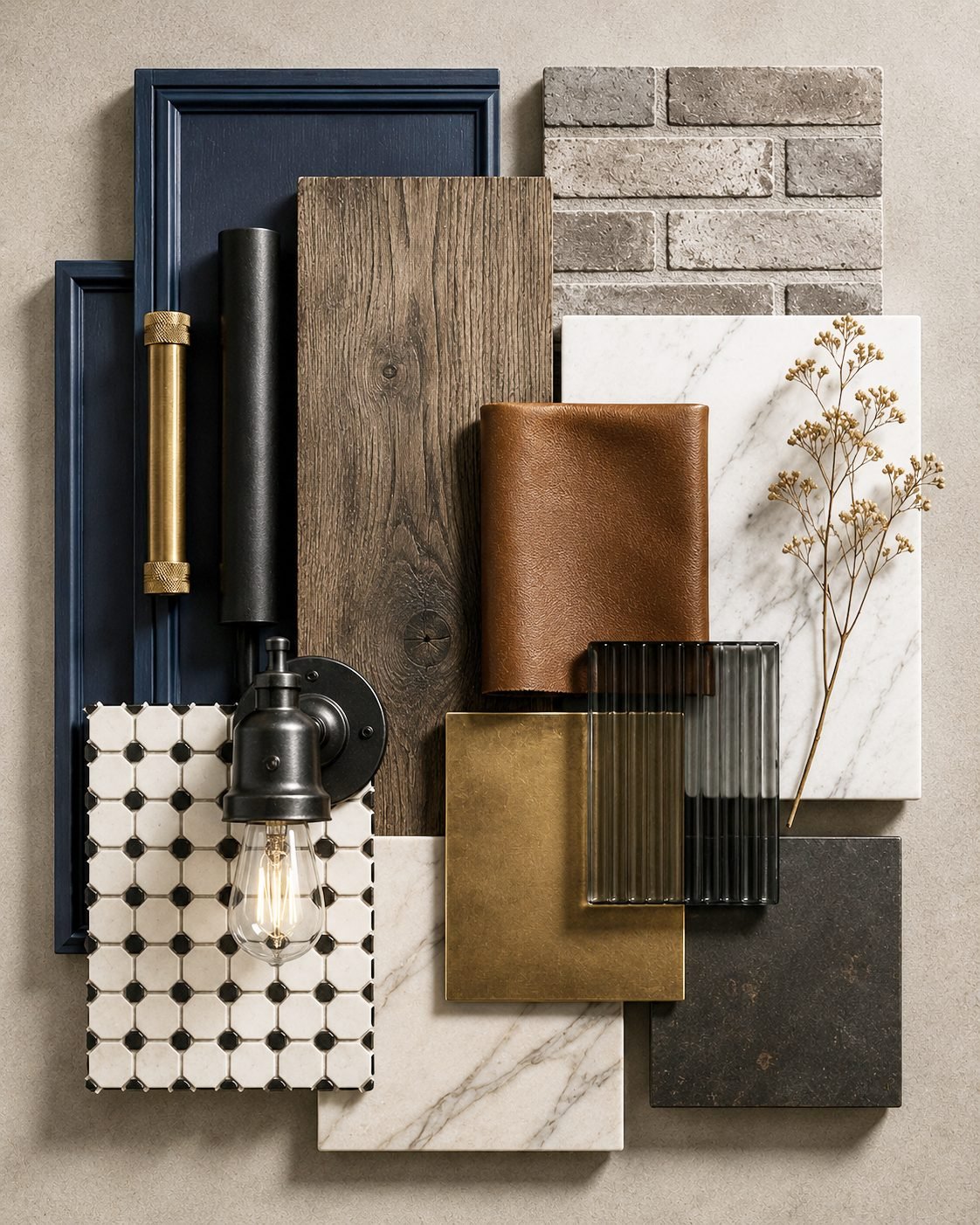 Materials moodboard of finishes, metals and textiles