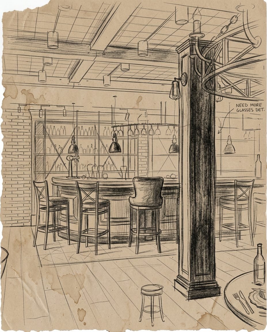 Sepia concept sketch of the tavern bar